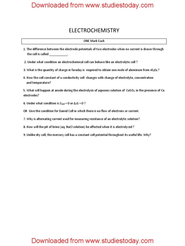 CBSE Class 12 Chemistry Electrochemistry Questions Answers PDF