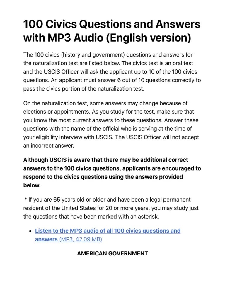 100 Civics Questions and Answers With MP3 Audio (English Version