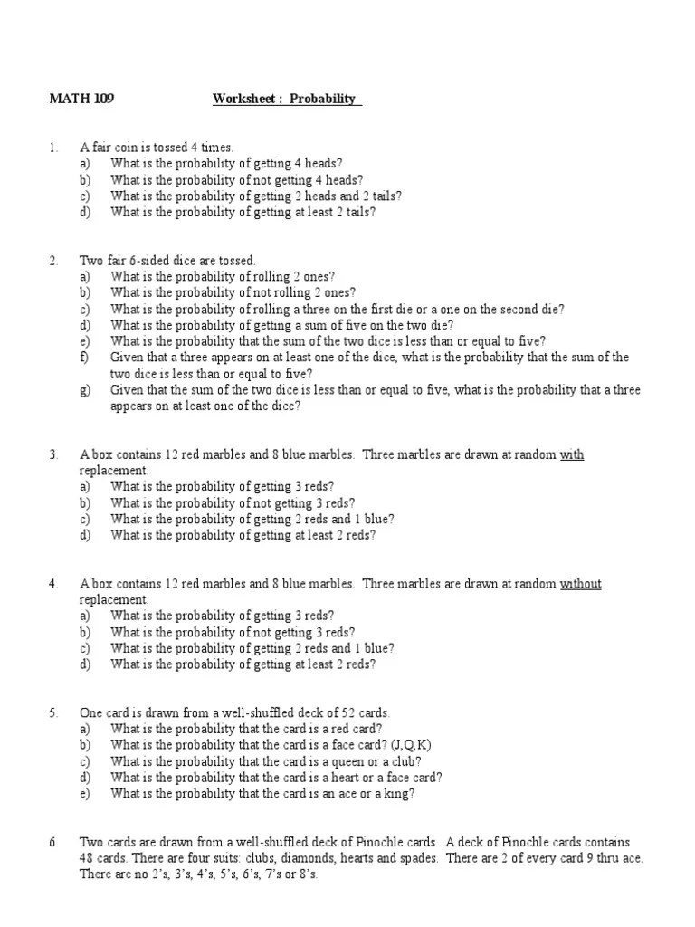 Probability Worksheet Combined | PDF | Probability | Playing Cards