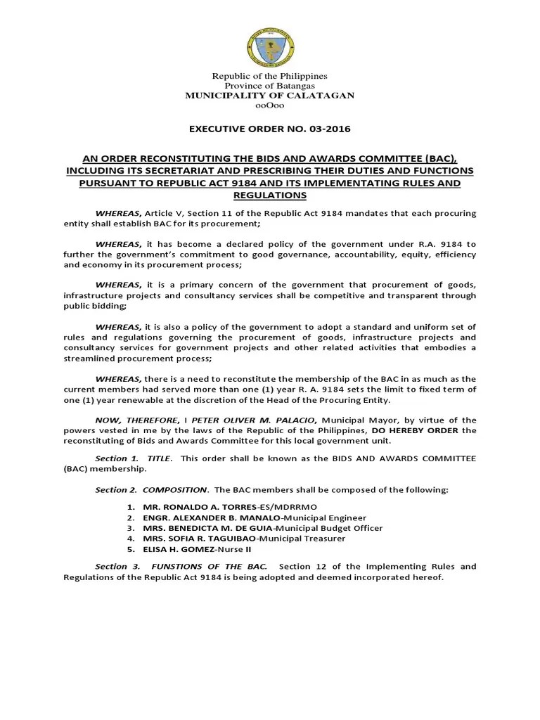 Executive Order No. 03 2016 Procurement Government