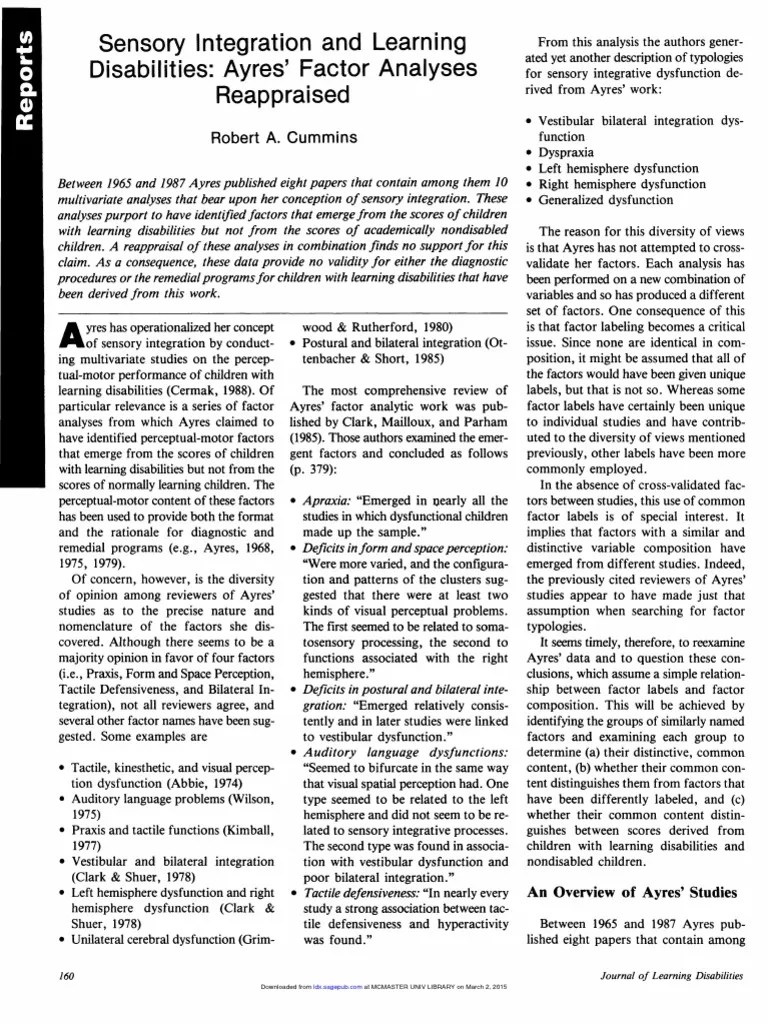 Sensory Integration and Learning Disabilities Ayres' Factor Analyses Reappraised PDF Sensory