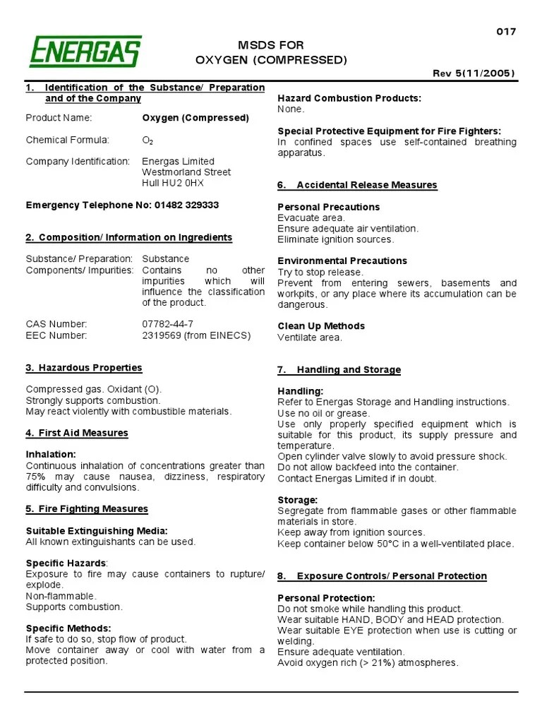 Msds For Oxygen Download Free PDF Oxygen Combustion