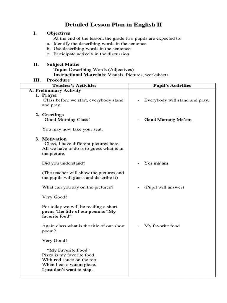Detailed Lesson Plan in English (Adjectives) | PDF | Lesson Plan