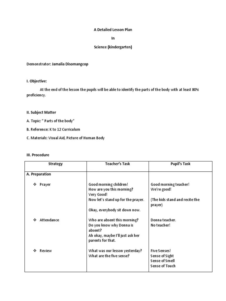 A Detailed Lesson Plan-Kindergarten | PDF | Senses | Lesson Plan