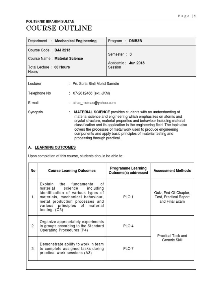 Course Outline DJJ3213 Material Science PDF Metals Solid