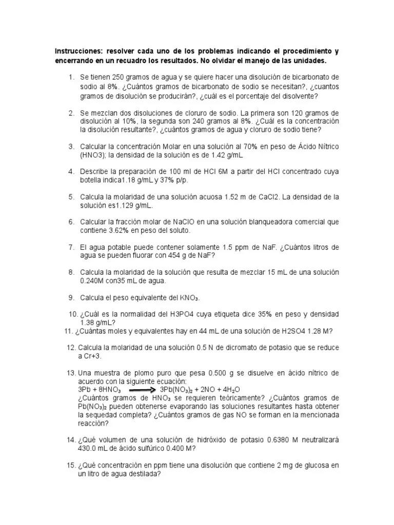 Ejercicios de Unidades de ConcentraciÃ³n ConcentraciÃ³n EstequiometrÃ­a