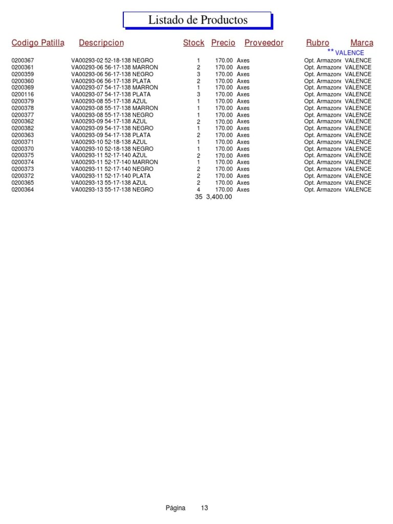 Inventory listing of eyeglass frames including product codes