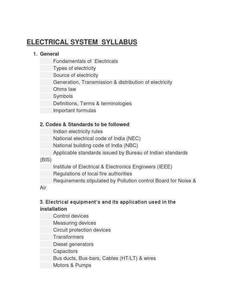 Electrical System Syllabus PDF Electric Power Distribution