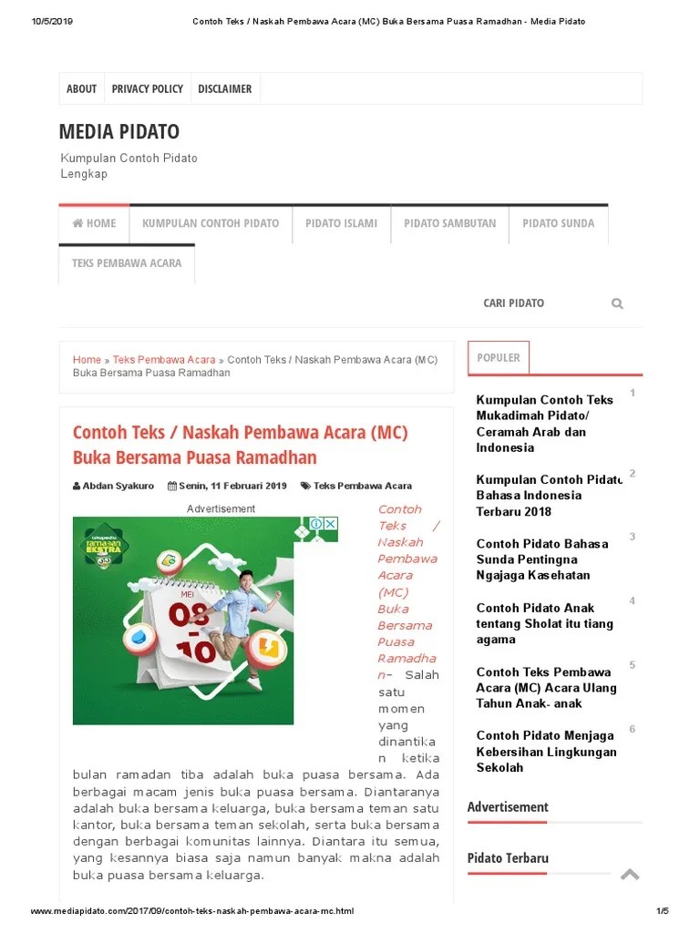 Contoh Teks - Naskah Pembawa Acara (MC) Buka Bersama Puasa Ramadhan - Media  Pidato | PDF