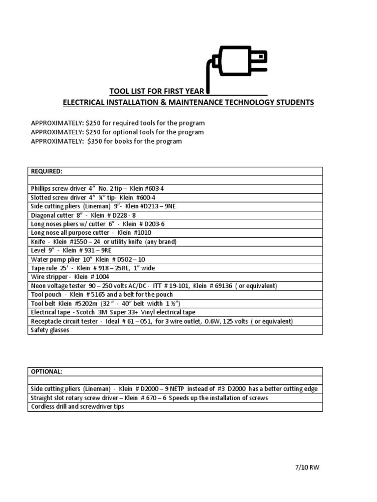 Tool List For First Year Electrical Installation & Maintenance Technology Students PDF