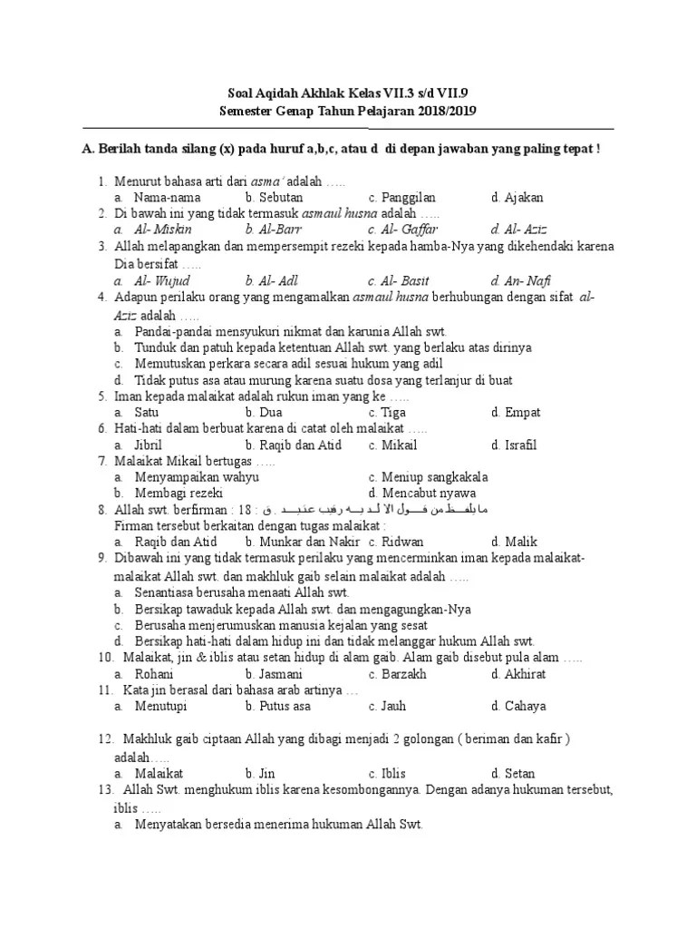 Soal Aqidah Akhlak Kelas VII | PDF