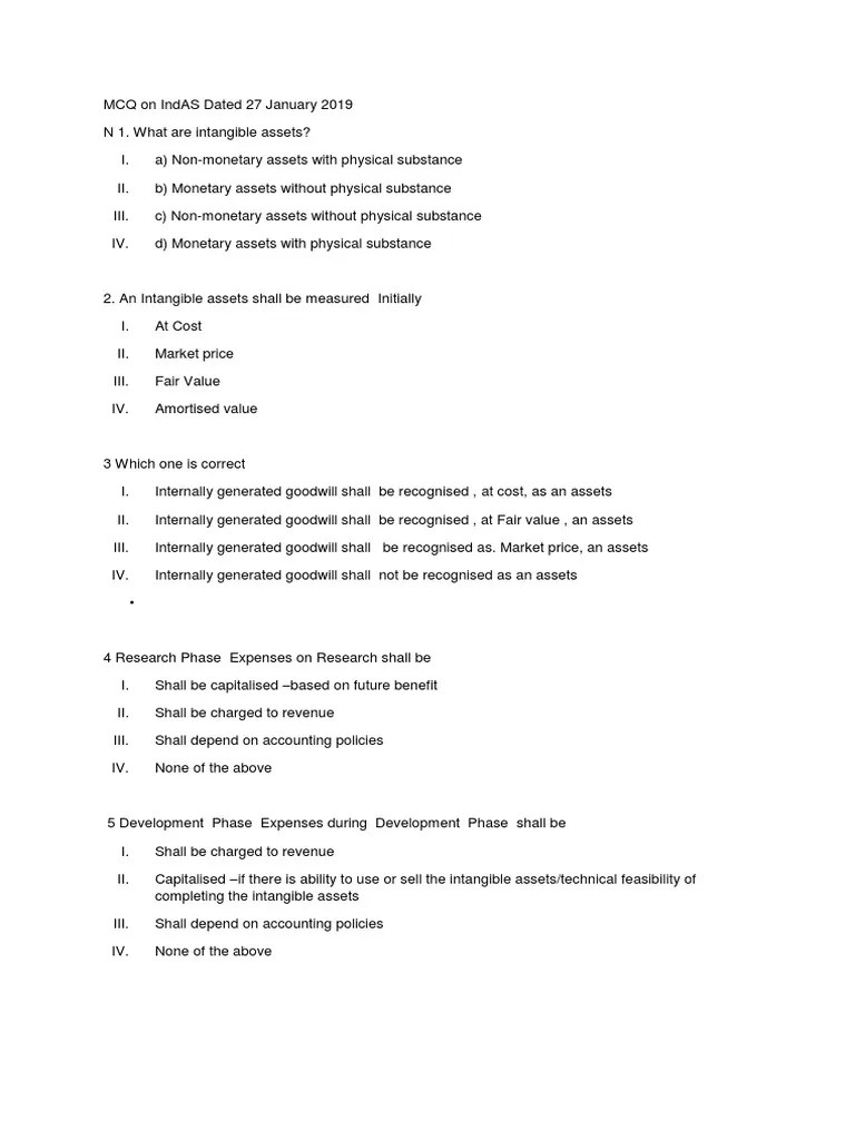 MCQ On IndAS With Out Answers PDF Goodwill (Accounting