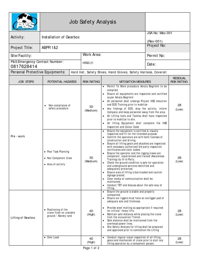 JSA Installation of Gearbox PDF Crane (Machine) Safety