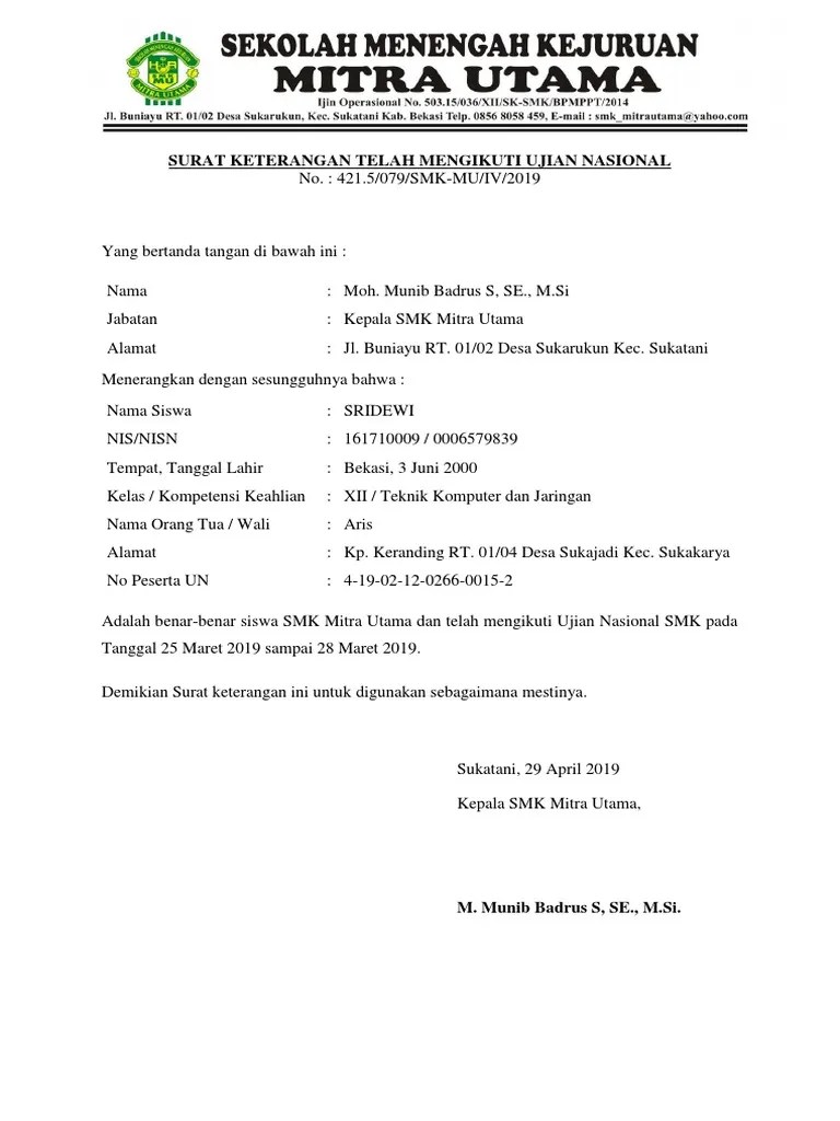 Surat Pernyataan Orang Tua Tidak Mengikuti Ujian Nasional
