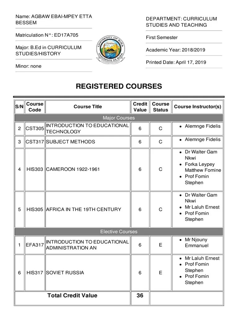 Registered Courses S/N Course Code Course Title Credit Value Course Status Course Instructor(s