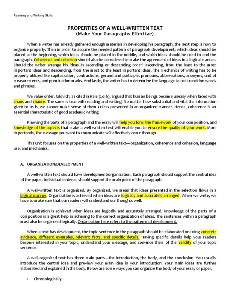 Properties of A Well Written Text PDF Paragraph Essays