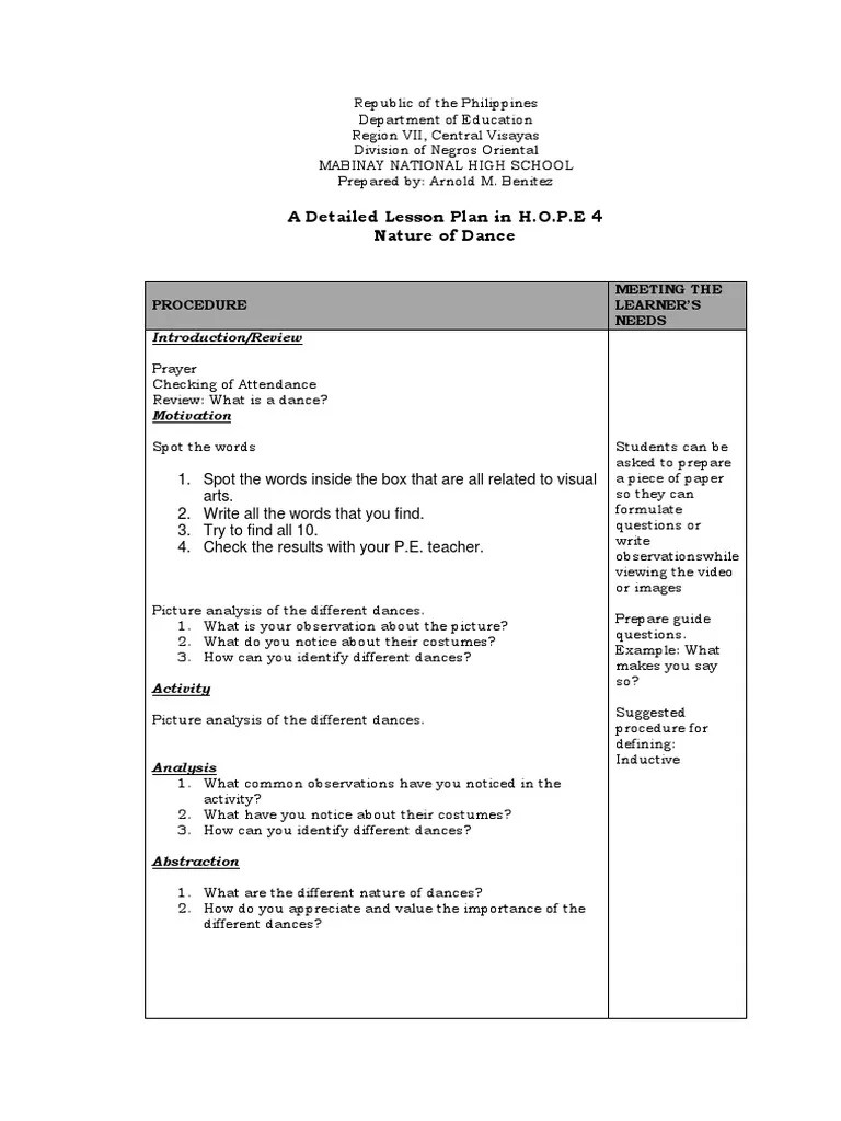 WEEK 1 Nature of The Dance PDF Dances Lesson Plan