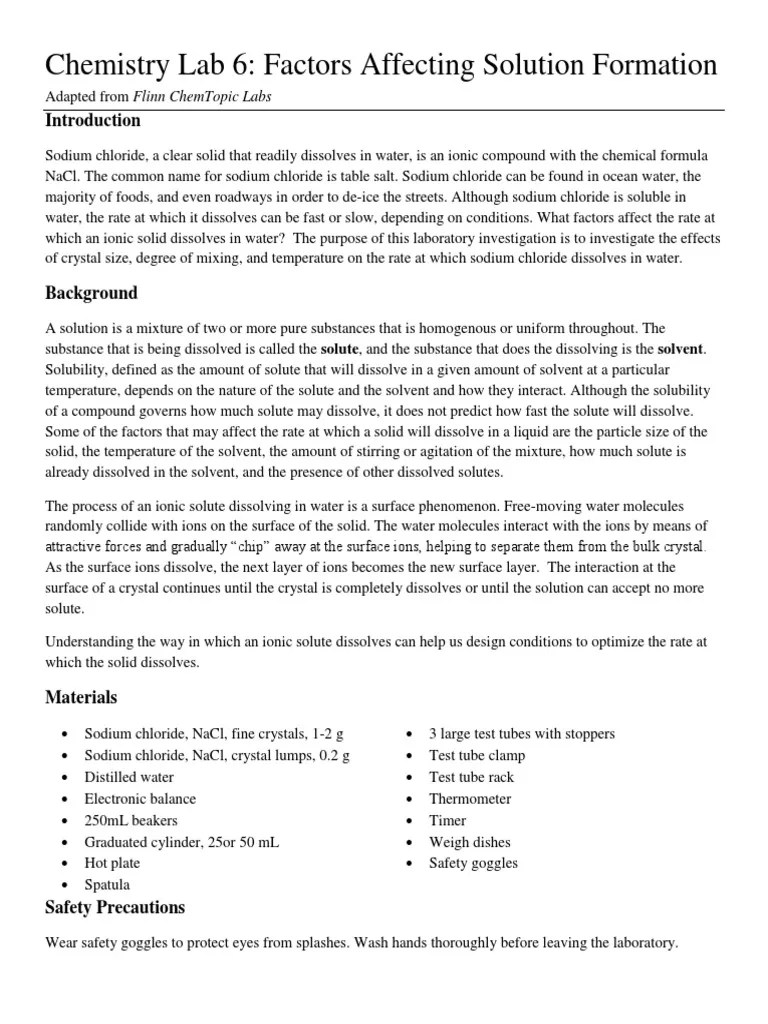 Chemistry Lab 6 Factors Affecting Solution Formation PDF Solution Solubility
