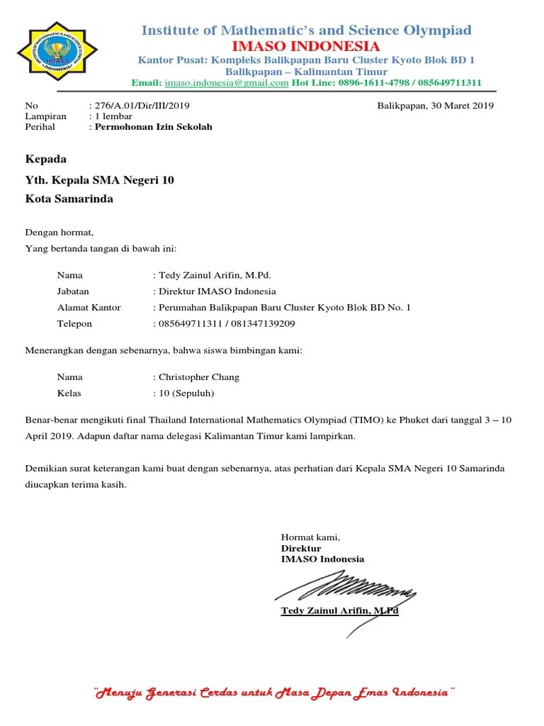 Contoh Surat Ijin Sekolah Mengikuti Lomba | Pdf