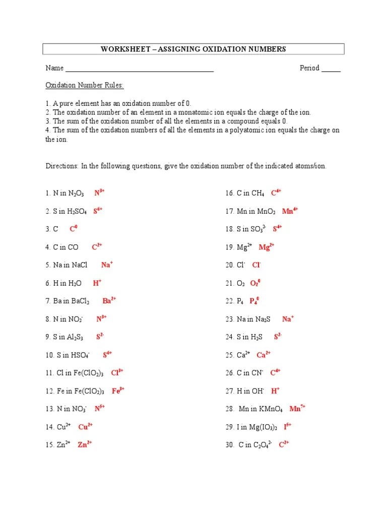 Worksheet - Assigning Oxidation Numbers - Key.doc