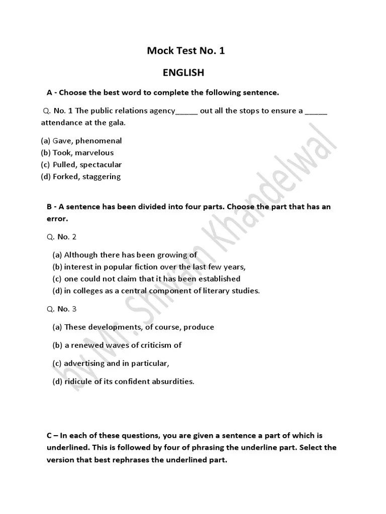 Mock Test of English by Mr. Shivam Khandelwal PDF