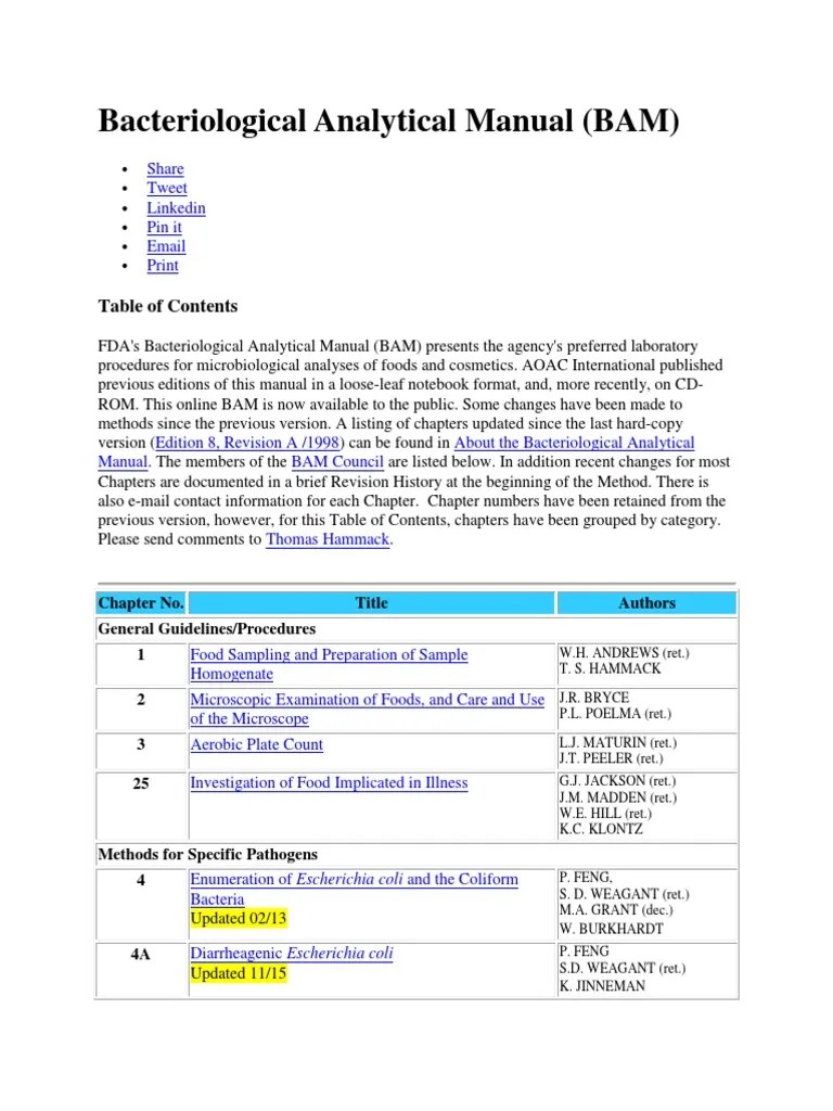 Bacteriological Analytical Manual (BAM) Chapter No. Title Authors