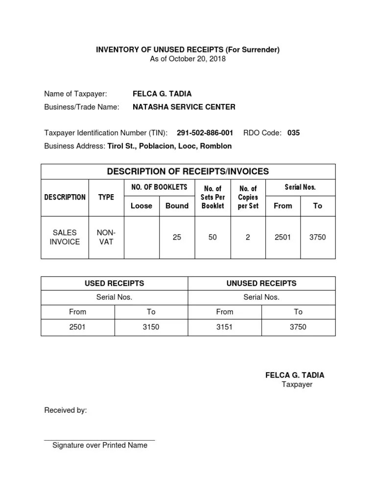 Inventory of Unused Receipts PDF