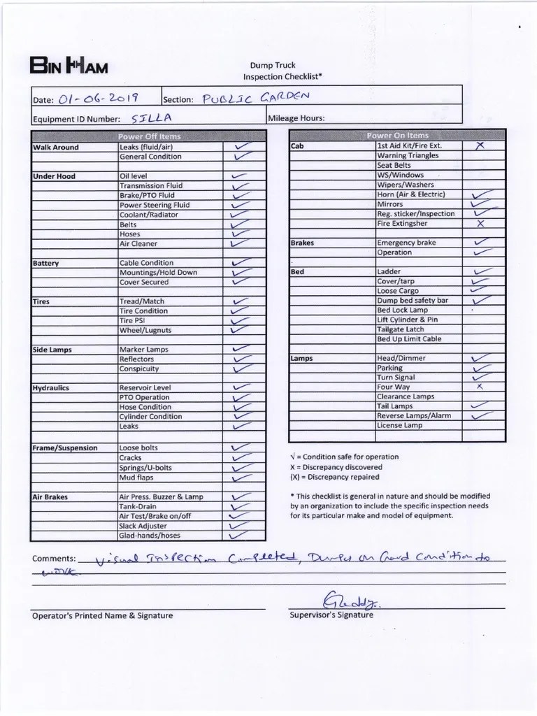 Dumper Truck Inspection Checklist PDF