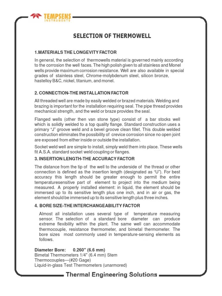 Selection of the Optimal Thermowell A Guide to Choosing Materials, Dimensions, Connections, and