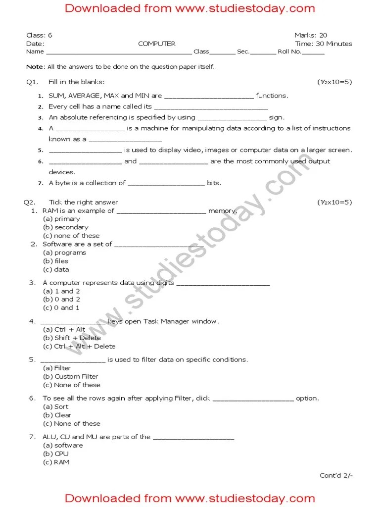 CBSE Class 6 Computer Science Question Paper Set A PDF Input/Output