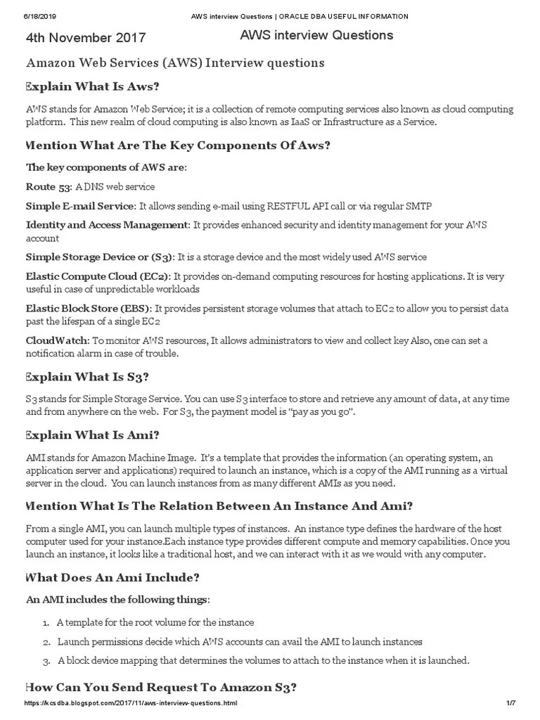 Aws Interview Questions Oracle DBA Useful Information PDF Cloud