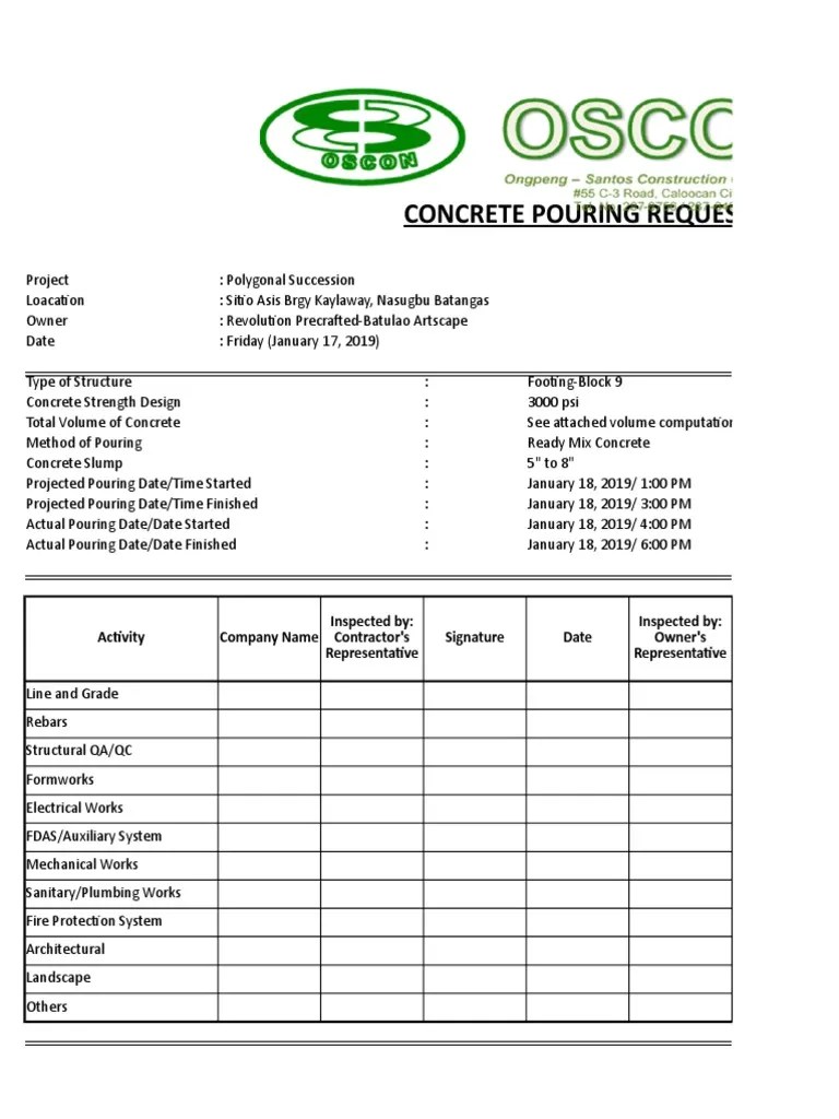Concrete Pouring Request Form1 PDF Real Estate Law Concrete