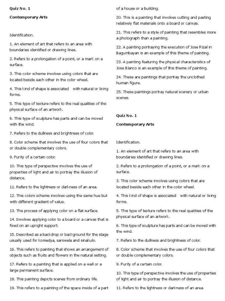 Quiz No 1 Contemporary Arts PDF Paintings Hue