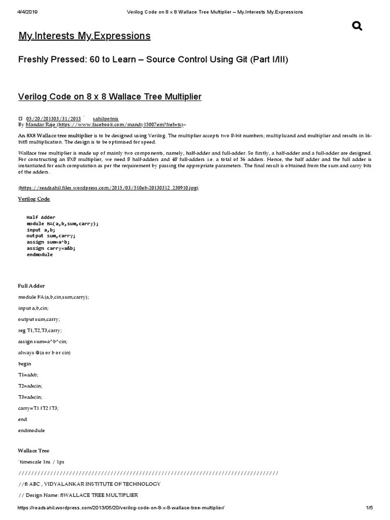 Verilog Code on 8 x 8 Wallace Tree Multiplier Electronic Design