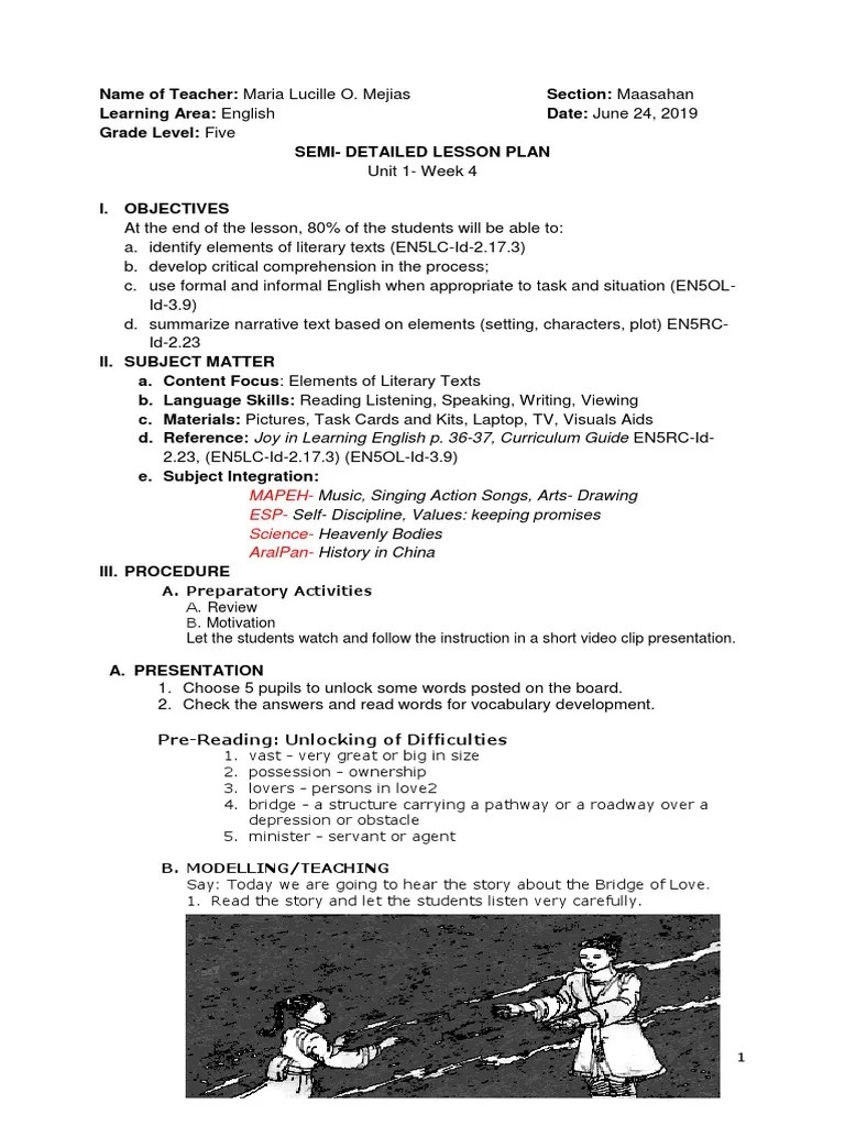 Cardinal and ordinal numbers) this is useful as a follow up test of revisio. Semi Detailed Lesson Plan Grade 5 English Docx Lesson Plan Cognition