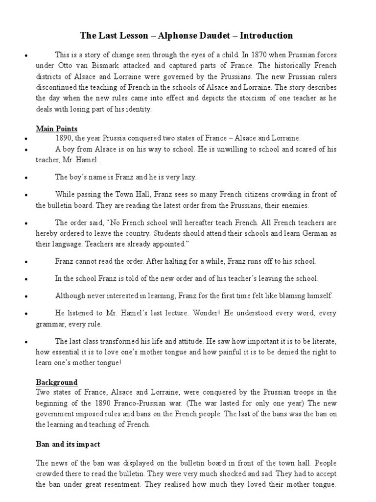 The Last Lesson Class 12 Notes Teachers Classroom