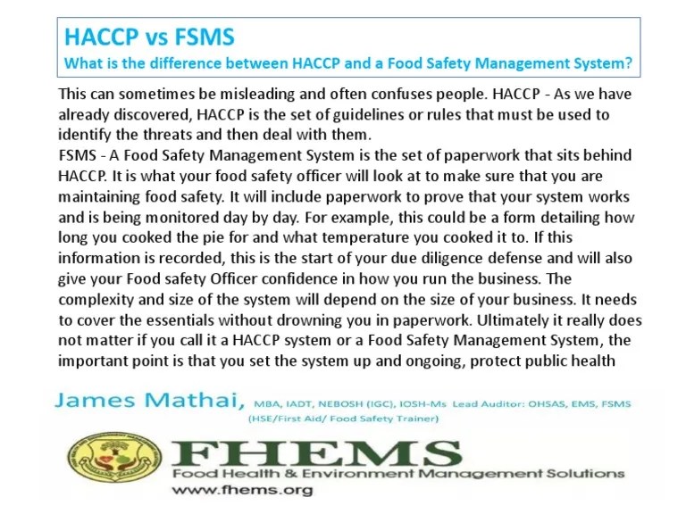 Haccp Vs FSMS What Is The Difference Between HACCP and A Food Safety