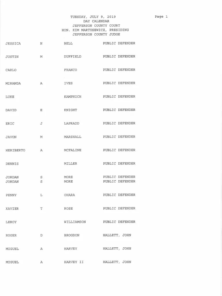 Jefferson County Court Calendar July 9, 2019 PDF