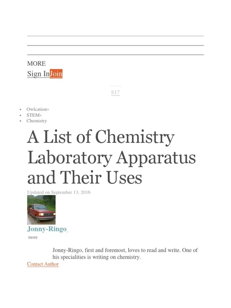 A List of Chemistry Laboratory Apparatus and Their Uses Sign in PDF