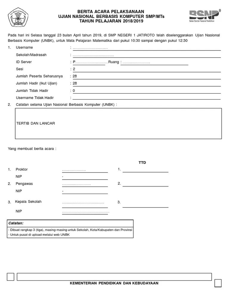 Berita Acara UNBK Word | PDF