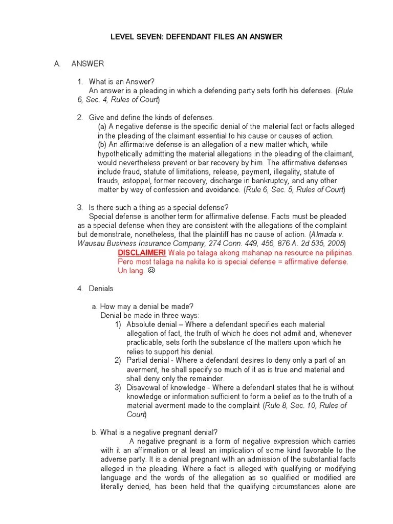 6, Sec. 4, Rules of Court) Level Seven Defendant Files An Answer