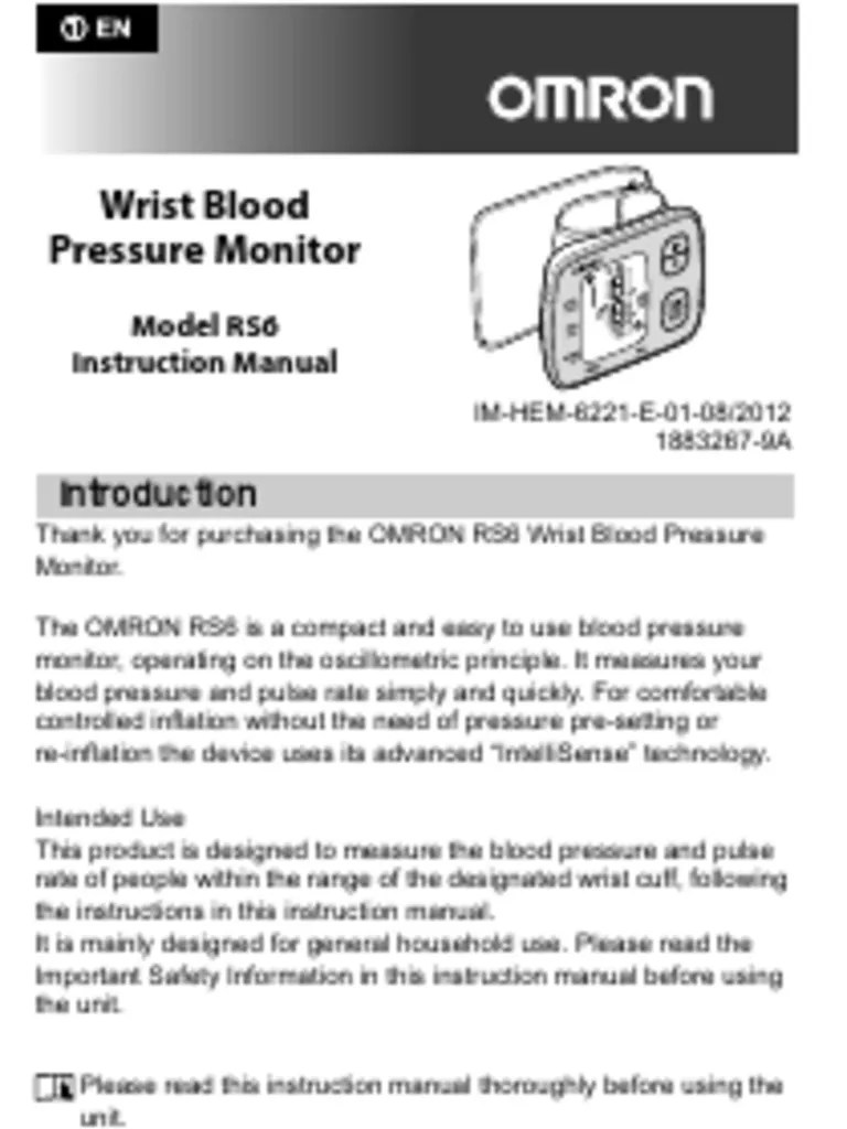 Omron RS6 Wrist Blood Pressure Monitor Instruction Manual (English