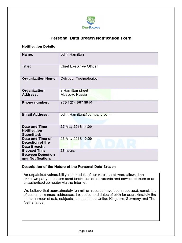7.11 Defradar GDPR EXAMPLE Personal Data Breach Notification Form v2 PDF Personally