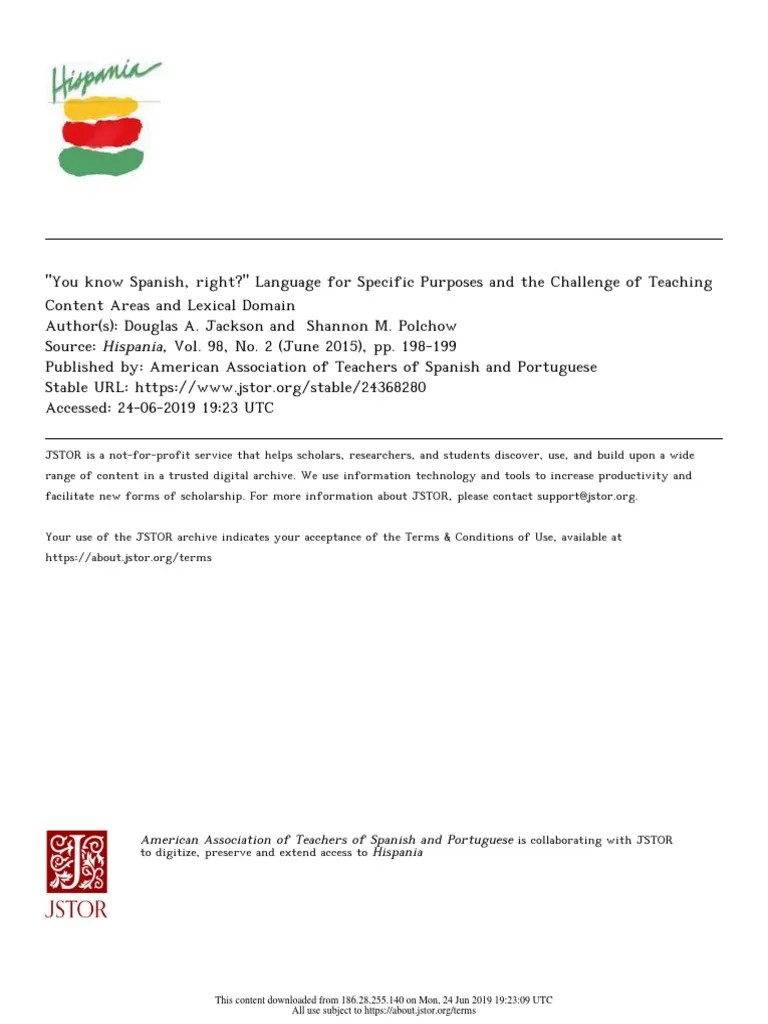 Reflection "You Know Spanish, Right?" Language For Specific Purposes and The Challenge of