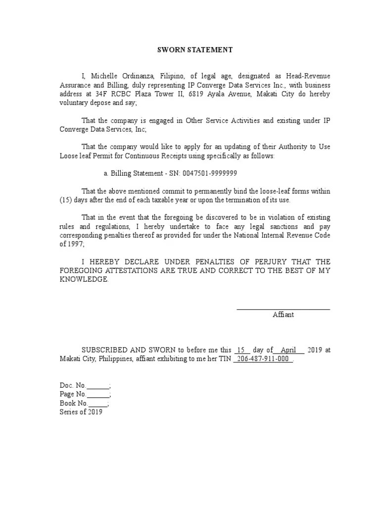 Sworn Statement For Looseleaf Application 42019 PDF