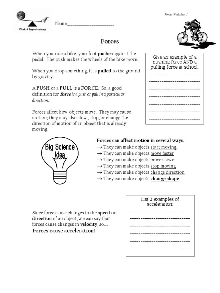 Balanced Unbalanced Worksheet | Inertia | Force