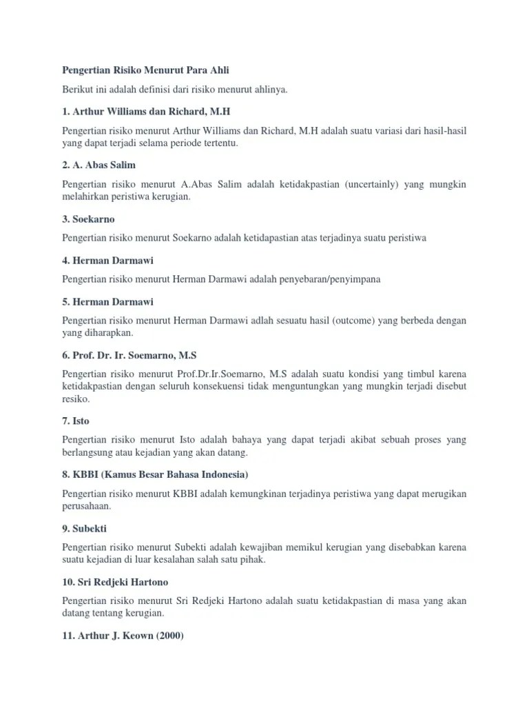 Pengertian Risiko Menurut Para Ahli