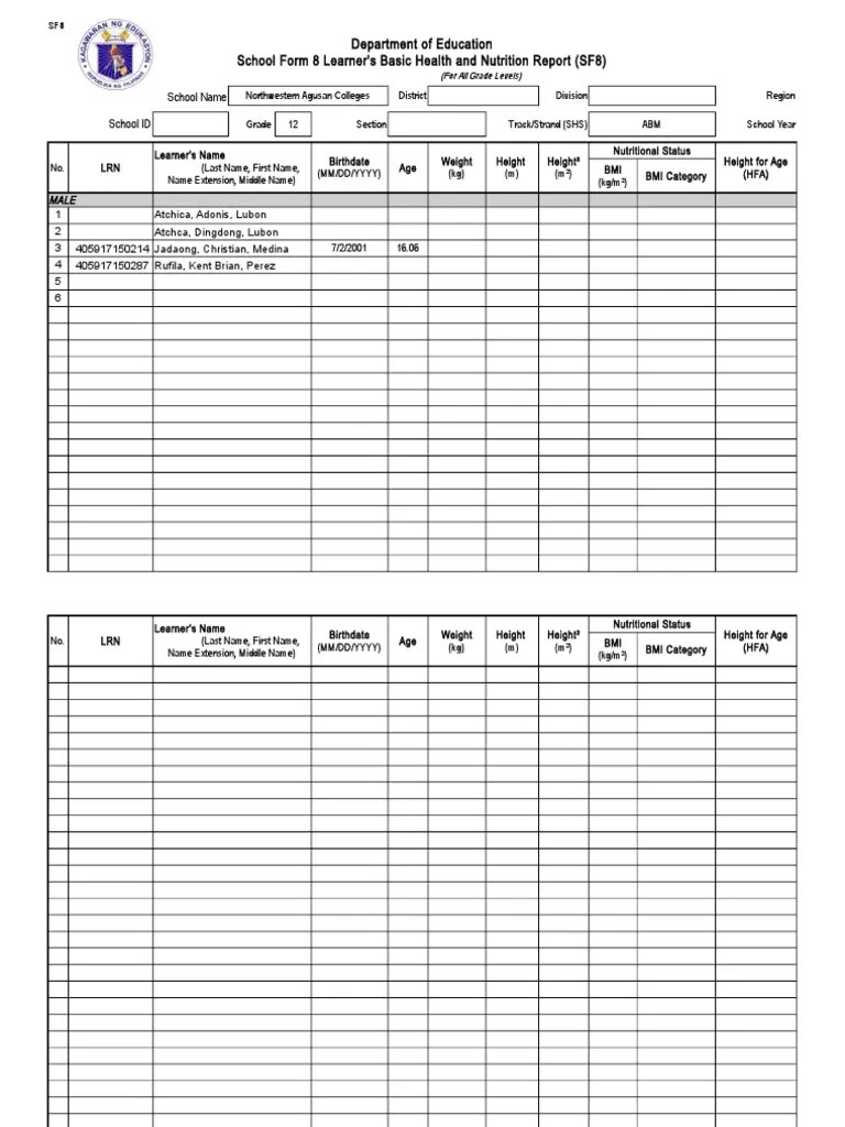 School Form 8 Sf8 Learner Basic Health and Nutrition Report Automatic