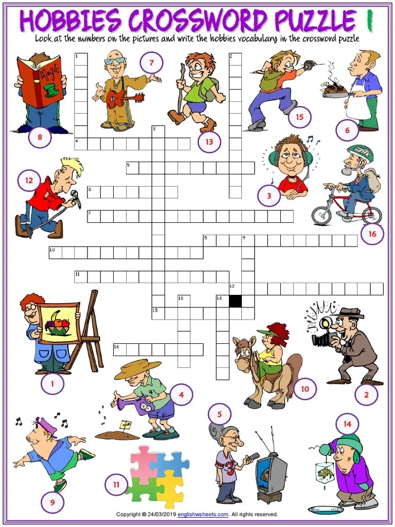 hobbies vocabulary esl crossword puzzle worksheets for kids.pdf