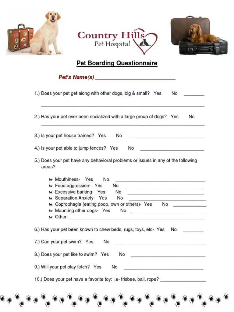 Pet Boarding Questionnaire PDF Pet Dogs